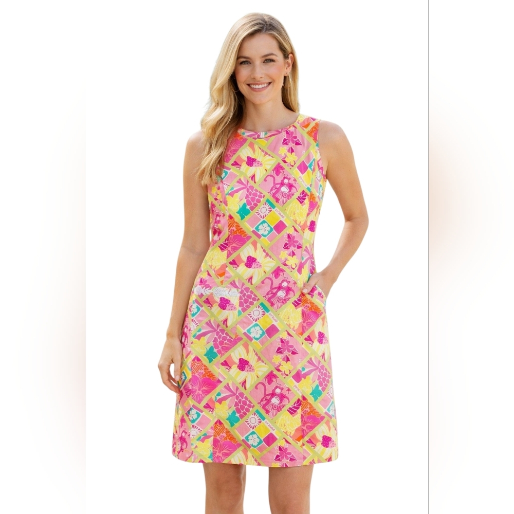 VTG Lilly Pulitzer Diamond Head Patch Dress Lined Pocket Colorful Patchwork Sz 8